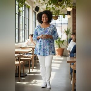 Women’s Blue & Teal Printed Tie-Neck Tunic Top Boho Lightweight 4X